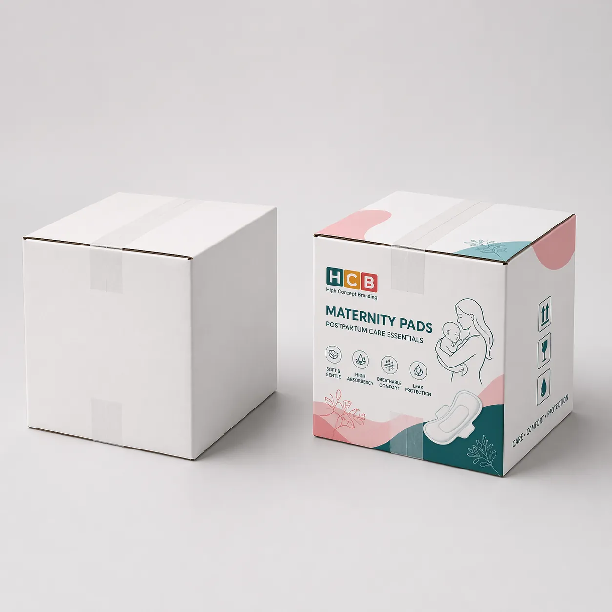 An open and closed pink floral branded box designed for eco-friendly maternity pad packaging. class=